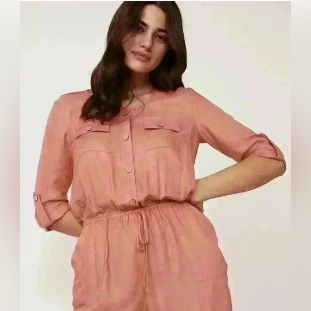 LA VIE EN ROSE Blush/Pale Coral Collared Jumpsuit with Rolled Sleeves - Picture 8 of 10